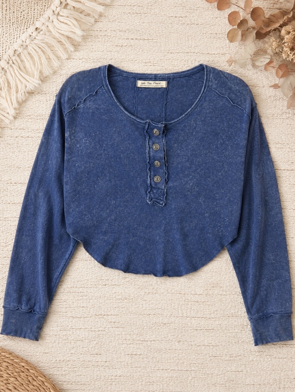 We The Free Blue Cropped Long Sleeve Top Extra Small Button Detail